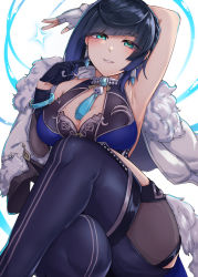 Rule 34 | absurdres, armpits, asymmetrical gloves, bare shoulders, bead choker, blue dress, bob cut, breasts, cleavage, crossed legs, diagonal bangs, dice, dress, feather-trimmed jacket, feather collar, fur-trimmed jacket, fur trim, genshin impact, gloves, green eyes, grin, highres, jacket, jacket on shoulders, jewelry, kiritto, large breasts, looking at viewer, mismatched gloves, mole, mole on breast, multicolored hair, neck ring, neck tassel, short hair, sitting, smile, tassel, tassel choker, thick thighs, thighhighs, thighs, white jacket, yelan (genshin impact)