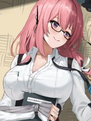 1girl ayul_(ayulneri_92) black-framed_eyewear breasts cleavage commentary glasses head_tilt large_breasts long_sleeves pink_hair purple_eyes shirt smile solo translation_request tsukishiro_yanagi unfinished upper_body white_shirt zenless_zone_zero