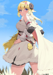 Rule 34 | 1girl, absurdres, animal ears, black skirt, blonde hair, blush, bow, bowtie, breasts, cape, cloak, detached sleeves, dress, fur-trimmed cape, fur-trimmed dress, fur-trimmed sleeves, fur trim, hair ornament, hairclip, hanbok625, hands on own hips, highres, hololive, horns, large breasts, long hair, looking at viewer, miniskirt, pleated skirt, purple eyes, red bow, red bowtie, ribbed sleeves, sheep ears, sheep girl, sheep horns, sheep tail, short dress, skirt, sleeveless, sleeveless dress, smile, solo, tail, tsunomaki watame, tsunomaki watame (1st costume), two-sided cape, two-sided fabric, very long hair, virtual youtuber, white dress
