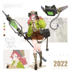 Rule 34 | 1girl, :3, absurdres, animal ear headwear, animal ears, beishang yutou, blue eyes, brown footwear, brown gloves, brown necktie, brown shorts, case, cat ears, color guide, english text, fake animal ears, flying, gloves, green jacket, hand up, hat, highres, holding, holding staff, jacket, kneehighs, medium hair, monitor, necktie, original, pink hair, robot, shorts, socks, solo, staff, standing, twintails