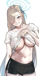 Rule 34 | 1girl, amanattou shigure, asuna (blue archive), black shorts, blue archive, blue eyes, breasts, clothes lift, dolphin shorts, hair over one eye, halo, highres, large breasts, lifting own clothes, light brown hair, long hair, looking at viewer, navel, no bra, shirt, shirt lift, shorts, smile, solo, t-shirt, very long hair, white shirt