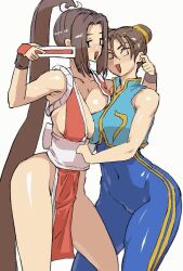 Rule 34 | 2girls, animated, black hair, blush, bouncing breasts, breast press, breasts, brown hair, capcom, chun-li, cleavage, cleaveage, crossover, fatal fury, game, grabbing, grabbing another&#039;s breast, grin, large breasts, legs, long hair, looking to the side, multiple girls, no bra, open mouth, ponytail, revealing clothes, sashizume soutarou, shiny skin, shiranui mai, sideboob, smile, snk, street fighter, symmetrical docking, the king of fighters, thighs, video, white background, wide hips