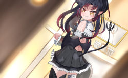 Rule 34 | 1girl, absurdres, asymmetrical legwear, back, bathroom, black hair, blurry, blurry foreground, blush, commission, demon tail, demon wings, dress, ears, eyelashes, highres, idol corp, knee up, lily sin, looking at viewer, multicolored hair, nose, orange eyes, pointy ears, shironomi, simple background, skirt, solo, tail, virtual youtuber, wings