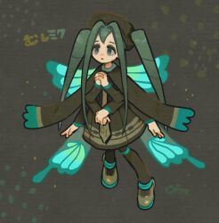 Rule 34 | 1girl, arms at sides, bim0ngsam0ng, blue wings, brown dress, brown hat, brown necktie, brown pantyhose, bug miku (project voltage), butterfly wings, character name, commentary, creatures (company), dress, extra arms, eyeshadow, fake wings, full body, game freak, green eyes, green hair, grey background, grey eyeshadow, hair through headwear, hands up, hat, hatsune miku, insect wings, long hair, long sleeves, looking at viewer, makeup, necktie, nintendo, open mouth, own hands together, pantyhose, pokemon, project voltage, shoes, signature, solo, standing, symbol-only commentary, twintails, very long hair, vocaloid, wings