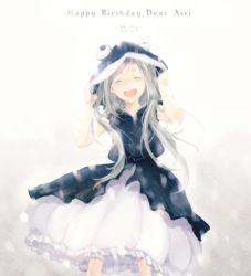 Rule 34 | 10s, 1girl, airi (robotics;notes), black dress, character name, closed eyes, dated, dress, happy birthday, hooded top, long hair, na770, open mouth, robotics;notes, silver hair, smile, solo, standing, takana (nanao)