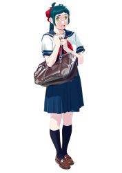 Rule 34 | 1girl, absurdres, alternate costume, bag, blue hair, blue skirt, commentary request, full body, green eyes, hair ribbon, highres, irako (kancolle), kantai collection, kneehighs, loafers, looking at viewer, ojipon, pleated skirt, ponytail, ribbon, school bag, school uniform, serafuku, shoes, simple background, skirt, smile, socks, solo, white background