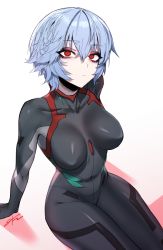 Rule 34 | 1girl, ayanami rei, blue hair, breasts, closed mouth, commentary, evangelion: 3.0 you can (not) redo, expressionless, hair between eyes, j.k., looking at viewer, medium breasts, neon genesis evangelion, plugsuit, rebuild of evangelion, red eyes, short hair, signature, skin tight, solo, white background