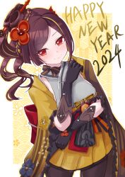 Rule 34 | 1girl, 2024, absurdres, black gloves, black pantyhose, brown hair, chiori (genshin impact), commentary request, cowboy shot, genshin impact, gloves, grey kimono, hair ornament, hair stick, happy new year, highres, japanese clothes, kimono, kuro (be ok), long hair, looking at viewer, miniskirt, new year, pantyhose, pleated skirt, red eyes, skirt, smile, solo, standing, yellow skirt