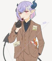 Rule 34 | 1girl, alternate costume, androgynous, black gloves, black shirt, blue necktie, brown jacket, brown pants, brown suit, brown vest, character name, chicken (food), closed mouth, collared shirt, colored inner hair, commentary request, cowboy shot, demon horns, demon tail, food, food in pocket, food request, formal, fried chicken, gloves, grease (food), hair ornament, half gloves, hand in pocket, hand up, highres, holding, holding food, horns, indie virtual youtuber, jacket, kfc, light smile, long pointy ears, looking at viewer, mimic (vtuber), multicolored hair, necktie, ohitori (o hitori sama 1), open clothes, open jacket, pants, parted lips, pink eyes, pink hair, pointy ears, shirt, short hair, simple background, solo, stained clothes, standing, suit, suit jacket, tail, three-piece suit, triangle, vest, virtual youtuber, white background, x hair ornament