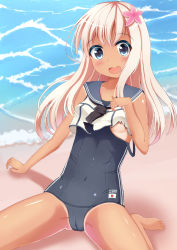 Rule 34 | 10s, 1girl, blonde hair, blue eyes, cameltoe, crop top, flower, hair flower, hair ornament, highres, kantai collection, long hair, looking at viewer, mia (kuja999), one-piece swimsuit, ro-500 (kancolle), sailor collar, school swimsuit, swimsuit, swimsuit under clothes, torn clothes