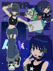 Rule 34 | 1girl, :p, absurdres, ankle socks, arms at sides, artist name, bare shoulders, black choker, black footwear, black tank top, black wristband, blue background, blue eyes, blue hair, blue pants, bob cut, breasts, bright pupils, character name, chibi, chibi inset, choker, clothing cutout, collarbone, commentary, copyright name, crop top, denim, glowstick, green socks, green wristband, hair ornament, hairclip, hand on own face, hand on own head, headset, highres, jeans, jitome, leg cutout, looking at viewer, microphone, midriff, multicolored hair, multiple views, navel, nira-chan, outstretched arm, pants, polka dot, polka dot background, purple background, reyla 0, shoes, short hair, small breasts, sneakers, socks, solo focus, star (symbol), star print, streaked hair, stuffed animal, stuffed toy, tank top, tongue, tongue out, translated, twitter username, v, white pupils, zutto mayonaka de ii no ni