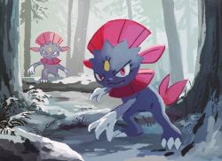 Rule 34 | claws, closed mouth, commentary request, creatures (company), fangs, forest, game freak, gen 4 pokemon, looking at viewer, nature, nintendo, no humans, outdoors, pokemon, pokemon (creature), purple eyes, smile, snow, standing, tree, uninori, weavile