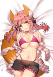 Rule 34 | 1girl, aile (crossroads), animal ear fluff, animal ears, arms behind back, bed sheet, bikini in mouth, black panties, black shorts, blush, bow, bow bra, bra, bra pull, breasts, cleavage, clothes in mouth, clothes pull, commentary, cowboy shot, fate/extra, fate/extra ccc, fate (series), fox ears, fox tail, hair ornament, hair scrunchie, highleg, highleg panties, holding, in mouth, large breasts, long hair, looking at viewer, lying, navel, official alternate costume, on back, on bed, panties, pink bra, pink hair, scrunchie, shirt, shorts, signature, smile, solo, striped clothes, striped shirt, tail, tamamo (fate), tamamo no mae (fate/extra), tamamo no mae (spring casual) (fate), twintails, underwear, unworn shirt, yellow eyes