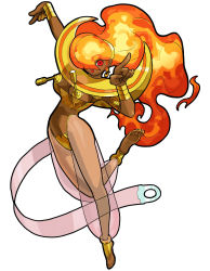 Rule 34 | 1990s (style), 1girl, anklet, barefoot, barefoot sandals (jewelry), bengus, capcom, feet, fiery hair, fire, full body, gold, harem pants, highres, jewelry, navel, official art, open mouth, pants, power stone, red eyes, retro artstyle, rouge (power stone), see-through, simple background, soles, solo, toes, white background