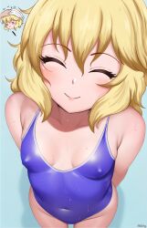 Rule 34 | 1girl, ^ ^, absurdres, artist name, bare shoulders, blonde hair, blush, breasts, breasts apart, closed eyes, closed mouth, collarbone, commentary, covered erect nipples, covered navel, cowboy shot, english commentary, groin, hair between eyes, highres, idolmaster, idolmaster cinderella girls, looking at viewer, medium breasts, mrhunking, one-piece swimsuit, purple one-piece swimsuit, sakurai momoka, school swimsuit, short hair, signature, simple background, small breasts, smile, solo, standing, swimsuit, thigh gap, thighs, wet