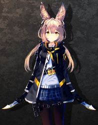 Rule 34 | 1girl, animal ears, black pantyhose, blonde hair, blue skirt, chamnaitu, fox ears, hair ornament, highres, holding, holding weapon, long hair, long sleeves, looking at viewer, low twintails, original, pantyhose, simple background, skirt, solo, standing, twintails, uniform, weapon