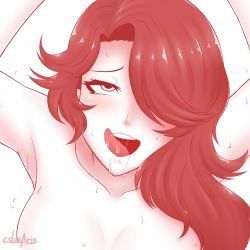 Rule 34 | 1girl, ahegao, blush, cinder fall, cslucaris, drooling, female focus, hair over one eye, monochrome, naughty face, nude, rolling eyes, rwby, sexually suggestive, simple background, solo, sweat, tongue, tongue out, white background