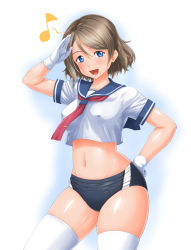 Rule 34 | 1girl, :d, belly, black buruma, blue background, blue eyes, blue sailor collar, brown hair, buruma, cocoa (cocoa0191), commentary, contrapposto, covered erect nipples, cowboy shot, crop top, gloves, hand on own hip, looking at viewer, love live!, love live! sunshine!!, musical note, navel, neckerchief, no pants, open mouth, red neckerchief, sailor collar, sailor shirt, salute, shirt, short hair, short sleeves, single bang, skindentation, smile, thighhighs, tie clip, tongue, watanabe you, white gloves, white shirt, white thighhighs