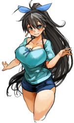 Rule 34 | 1girl, black hair, blue eyes, blue ribbon, blush, breasts, cleavage, curvy, earrings, female focus, ganaha hibiki, hair ribbon, huge breasts, idolmaster, idolmaster (classic), jewelry, long hair, looking at viewer, parted lips, ponytail, ribbon, sachito, shorts, simple background, smile, solo, thick thighs, thighs, very long hair, white background, wide hips