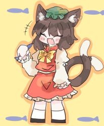 Rule 34 | +++, 1girl, animal, animal ear fluff, animal ears, blush, bow, bowtie, brown hair, cat ears, cat tail, chen, closed eyes, earrings, fang, fish, fish background, full body, hand up, happy, hat, holding, holding animal, holding fish, jewelry, jojitarosan, medium hair, mob cap, multiple tails, nekomata, open mouth, red skirt, red vest, simple background, single earring, skirt, skirt set, sleeves past wrists, solo, standing, tail, thick outlines, touhou, two tails, v-shaped eyebrows, vest, yellow background, yellow bow, yellow bowtie