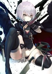 Rule 34 | 1girl, arm belt, bandaged arm, bandages, bare shoulders, between legs, black footwear, black panties, black thighhighs, boots, breasts, cleavage, cleavage cutout, clothing cutout, facial scar, fate/apocrypha, fate (series), gloves, green eyes, grey hair, hand between legs, holding, holding knife, jack the ripper (fate/apocrypha), knife, looking at viewer, lowleg, lowleg panties, navel, panties, scar, scar across eye, scar on cheek, scar on face, short hair, single glove, sitting, slit pupils, small breasts, solo, tattoo, thigh boots, thighhighs, underwear, yuunagi (seventh heaven)