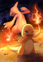 Rule 34 | absurdres, charmander, charmeleon, claws, commentary request, creatures (company), fangs, fire, fire, flame-tipped tail, game freak, gen 1 pokemon, green eyes, highres, nintendo, no humans, one eye closed, open mouth, pokemon, pokemon (creature), standing, tkc (user snjd8547), tongue