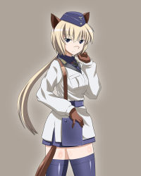Rule 34 | 1girl, animal ears, blonde hair, blue eyes, cross, dog ears, dog tail, gloves, hanna rudel, hat, highres, iron cross, kaneko (novram58), military, military uniform, novram58, ponytail, scar, solo, strike witches, strike witches: suomus misfits squadron, tail, thighhighs, uniform, world witches series
