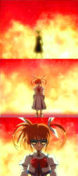Rule 34 | 1girl, bow, fingerless gloves, fire, gloves, looking at viewer, lyrical nanoha, magical girl, mahou shoujo lyrical nanoha, mahou shoujo lyrical nanoha a&#039;s, multiple views, orange-tinted eyewear, parody, red bow, red hair, serious, sunglasses, takamachi nanoha, terminator (series), the terminator, third-party edit, tinted eyewear, twintails, white devil