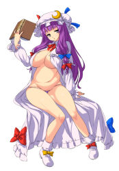 Rule 34 | 1girl, belly, book, bow, breasts, crescent, female focus, full body, hair bow, hat, highres, large breasts, long hair, navel, nekomamire, no bra, open clothes, panties, patchouli knowledge, plump, purple hair, shoes, simple background, sitting, skindentation, solo, striped clothes, striped panties, touhou, underwear