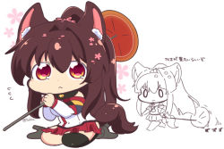 Rule 34 | 1girl, animal ears, breasts, brown hair, cat ears, cherry blossoms, chibi, flower, full body, hair flower, hair ornament, holding, holding umbrella, kantai collection, large breasts, long hair, oil-paper umbrella, ponytail, red eyes, single thighhigh, sitting, solo, thighhighs, translated, tsukko (3ki2ne10), umbrella, very long hair, yamato (kancolle)