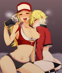 Rule 34 | 2girls, :p, artist request, ass, baseball cap, blonde hair, blue eyes, breasts, butt crack, cleavage, covered erect nipples, crop top, fatal fury, genderswap, genderswap (mtf), half-closed eyes, hat, heart, heart-shaped pupils, highres, looking at viewer, medium breasts, midriff, mother and daughter, multiple girls, naughty face, navel, nipples, one breast out, open mouth, panties, rock howard, sitting, smile, snk, sweat, symbol-shaped pupils, terry bogard, tongue, tongue out, underwear, unzipped