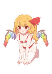 Rule 34 | 1girl, absurdres, bare arms, bikini, blonde hair, blush, breasts, crystal, flandre scarlet, full body, highres, iwakoo, kneeling, long hair, looking at viewer, no headwear, pointy ears, red bikini, red eyes, red ribbon, ribbon, simple background, smile, solo, swimsuit, thighhighs, touhou, white background, white thighhighs, wings