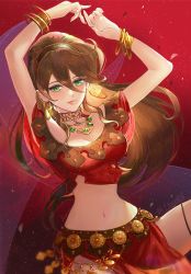 Rule 34 | 1girl, anklet, arabian clothes, armlet, blouse, blush, bracelet, breasts, brown hair, circlet, cleavage, dancer, dancing, earrings, green eyes, harem outfit, hoop earrings, jewelry, large breasts, long hair, looking at viewer, midriff, navel, octopath traveler, octopath traveler i, ponytail, primrose azelhart, red shirt, regan (hatsumi), shirt, solo