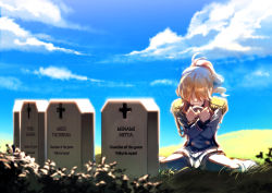 Rule 34 | 1girl, black pantyhose, blonde hair, blue jacket, blue sky, blurry, blurry foreground, boots, character name, clenched teeth, cloud, cloudy sky, commentary request, covered eyes, cross, crying, day, depth of field, english text, epaulettes, field, grass, hair over eyes, highres, idolmaster, idolmaster cinderella girls, jacket, long hair, long sleeves, military jacket, hugging object, outdoors, pantyhose, pleated skirt, ponytail, rheez, seizon honnou valkyria, sitting, skirt, sky, solo, takamori aiko, tears, teeth, tombstone, wariza, white footwear, white skirt