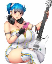 Rule 34 | 1girl, arm belt, bare shoulders, belt, black gloves, blue hair, blunt bangs, breasts, cellphone, cleavage, collarbone, commentary, electric guitar, english commentary, erkaz, fingerless gloves, gloves, grey belt, guitar, hair ornament, hair scrunchie, headphones, headphones around neck, highres, holding, holding instrument, holding phone, huge breasts, instrument, leotard, looking at viewer, original, phone, plump, red eyes, rina atherina, scrunchie, short twintails, simple background, single glove, sitting, skindentation, smartphone, smile, solo, strapless, strapless leotard, thick thighs, thighhighs, thighs, twintails, white background, white leotard, white scrunchie, white thighhighs, yamaha