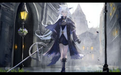 Rule 34 | 1girl, absurdres, animal ears, architecture, arknights, black coat, black dress, black footwear, boots, building, coat, commentary, dress, full body, gothic architecture, grey eyes, hair ornament, hairclip, highres, holding, holding sword, holding weapon, knee boots, lamppost, lappland (arknights), lappland (refined horrormare) (arknights), letterboxed, looking at viewer, official alternate costume, outdoors, silver hair, solo, sword, tail, thighs, walking, weapon, wolf ears, wolf tail, xyunx