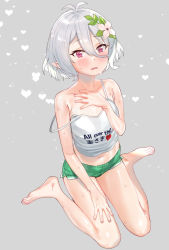 Rule 34 | 1girl, antenna hair, bare legs, bare shoulders, barefoot, blush, clothes writing, collarbone, commentary request, flower, grey background, hair between eyes, hair flower, hair ornament, hand on own chest, heart, jpeg artifacts, kokkoro (princess connect!), looking at viewer, navel, no shoes, open mouth, pointy ears, princess connect!, purple eyes, short hair, shorts, silver hair, simple background, sitting, solo, strap slip, subachi, sweat, tank top, wariza