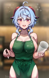 Rule 34 | 1girl, ahoge, apron, bare shoulders, barista, bottomless, breasts, cup, disposable cup, dot nose, foxyreine, ganyu (genshin impact), genshin impact, goat horns, green apron, hair between eyes, highres, holding, holding cup, holding pen, horns, iced latte with breast milk (meme), indoors, large breasts, looking at viewer, meme, naked apron, pen, round teeth, sideboob, teeth, topless, upper teeth only