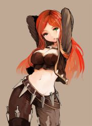 Rule 34 | 1girl, arms behind head, arms up, belt, black belt, black jacket, black pants, breasts, cleavage, cowboy shot, cropped jacket, dorok, gradient background, green eyes, groin, highres, jacket, katarina (league of legends), kunai, large breasts, league of legends, legs apart, long hair, long sleeves, loose belt, navel, open clothes, open jacket, pants, parted lips, red hair, scar, scar across eye, scar on face, skull, solo, spikes, straight hair, weapon