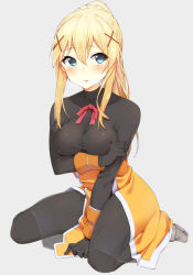Rule 34 | 10s, 1girl, bad id, bad pixiv id, between legs, blonde hair, blue eyes, blush, bodysuit, bow, breast hold, breasts, breath, collarbone, darkness (konosuba), eyebrows, full body, gloves, grey background, hair between eyes, hair ornament, hairclip, hand between legs, hand on own arm, highres, kono subarashii sekai ni shukufuku wo!, large breasts, long hair, looking to the side, omochi no kimochi, parted lips, ponytail, red bow, red ribbon, ribbon, see-through, simple background, sitting, skirt, solo, wariza, wrist cuffs, x hair ornament