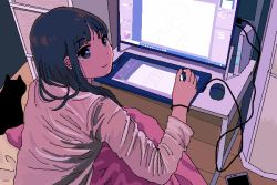 Rule 34 | 1girl, animal, black cat, black hair, blanket, bracelet, cat, cellphone, closed mouth, dithering, drawing tablet, female focus, from behind, indoors, jaggy lines, jewelry, long hair, long sleeves, looking at viewer, looking back, monitor, mouse (computer), nanami yuki (yuki77mi), original, phone, pixel art, sitting, smartphone, smile, solo