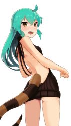 Rule 34 | 10s, 1girl, alternate costume, alternate hairstyle, aqua hair, ass, backless dress, backless outfit, bare back, black panties, blush, breasts, dress, fang, from behind, highres, kemono friends, long hair, looking at viewer, looking back, meme attire, open mouth, panties, small breasts, snake tail, solo, sonzai soumei, tail, tsuchinoko (kemono friends), underwear, virgin killer sweater