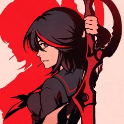 Rule 34 | :3, black hair, black sailor collar, black serafuku, blue eyes, bob cut, breasts, brown background, commentary, drop shadow, from behind, from side, holding, holding weapon, huge weapon, kill la kill, looking at viewer, looking back, matoi ryuuko, medium breasts, moshimoshibe, mouth hold, multicolored hair, neckerchief, red hair, red neckerchief, romaji commentary, sailor collar, school uniform, scissor blade (kill la kill), serafuku, short hair, solo, streaked hair, texture, toothpick, two-tone hair, upper body, weapon