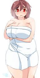 Rule 34 | 1girl, ahoge, bad id, bad pixiv id, breast hold, breast lift, breast suppress, breasts, brown hair, cleavage, collarbone, eno konoe, eyebrows, fat, female focus, highres, huge breasts, looking at viewer, mikomu, naked towel, open mouth, original, plump, red eyes, short hair, simple background, solo, standing, thick eyebrows, thick thighs, thighs, towel, water drop, wavy mouth, wet, white background
