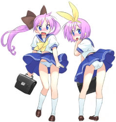 Rule 34 | 00s, 2girls, ass, back, bag, blue eyes, blush, briefcase, clothes lift, full body, hair ribbon, hairband, hand to own mouth, hiiragi kagami, hiiragi tsukasa, jinroku, long hair, lucky star, multiple girls, panties, pink hair, ribbon, satchel, school bag, school briefcase, school uniform, serafuku, short hair, siblings, simple background, sisters, skirt, skirt lift, standing, striped clothes, striped panties, twins, twintails, underwear, white background, white legwear, white panties, wind, wind lift