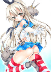 Rule 34 | 10s, 1girl, :3, :o, anchor hair ornament, ass, black panties, blonde hair, brown eyes, elbow gloves, gloves, hair ornament, hairband, highleg, highleg panties, kantai collection, looking back, microskirt, midriff, outstretched arm, panties, ren (endscape20), rensouhou-chan, sailor collar, shimakaze (kancolle), skirt, striped clothes, striped thighhighs, thighhighs, thong, traditional media, underwear, white gloves