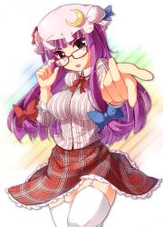 Rule 34 | 1girl, adjusting eyewear, alternate costume, bespectacled, blush, bow, crescent, female focus, foreshortening, garter straps, glasses, hair bow, hat, highres, impossible clothes, impossible shirt, long hair, looking at viewer, necktie, open mouth, outstretched hand, panties, pantyshot, patchouli knowledge, plaid, plaid skirt, purple eyes, purple hair, shirt, skirt, smile, solo, teruteru-deru, thighhighs, touhou, underwear, upskirt, white panties, white thighhighs, zettai ryouiki