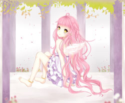 Rule 34 | 1girl, anklet, bad id, bad pixiv id, barefoot, dress, gummy bear (artist), jellybear, jewelry, long hair, looking back, original, pink hair, sitting, smile, solo, tree, very long hair, wings, yellow eyes