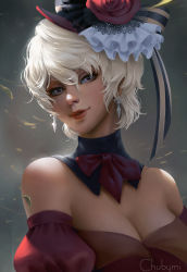 Rule 34 | 1girl, artist name, bare shoulders, black collar, breasts, chuby mi, collar, detached collar, eyelashes, final fantasy, final fantasy xiv, highres, hyur, lips, looking at viewer, medium breasts, nose, original, parted lips, puffy sleeves, purple eyes, realistic, short hair, smile, solo, upper body, watermark