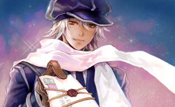 Rule 34 | 1boy, asino, brown eyes, gauche suede, gloves, gradient background, hat, letter, male focus, silver hair, sky, smile, solo, star (sky), starry sky, tegami bachi, uniform